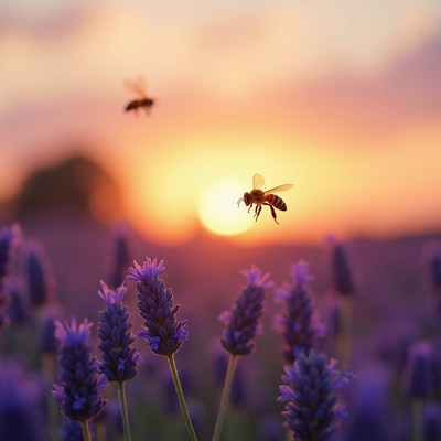 Bees collecting nectar at sunset