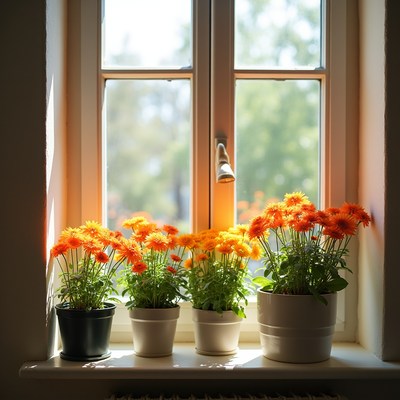 Sunny window with blooming flowers
