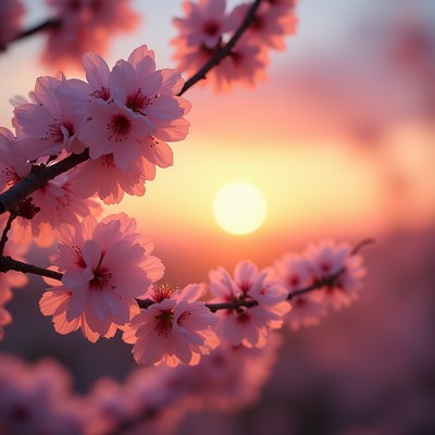 Blossoms at sunset over horizon