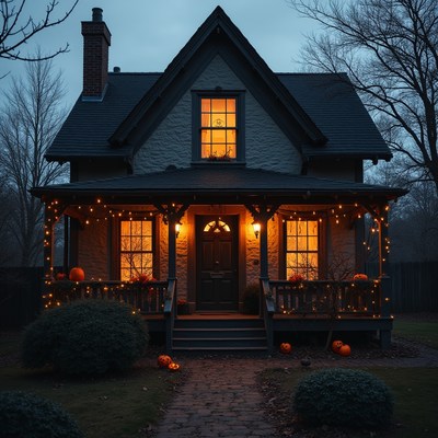Cozy halloween house at dusk