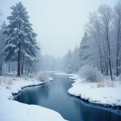 Winter river in a snowy forest
