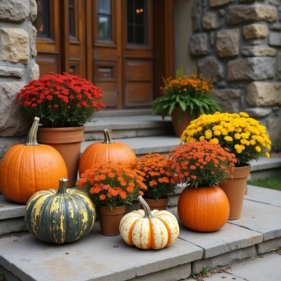 Colorful pumpkins and mums by the door