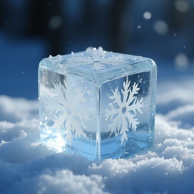 Snowflake ice cube in snow