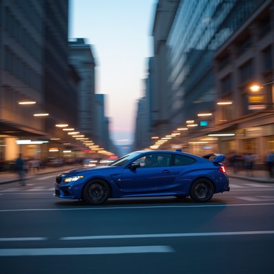 Fast car on city street at dusk
