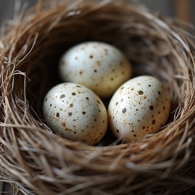 Three speckled eggs in a nest