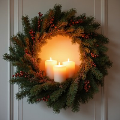 Elegant wreath with glowing candles