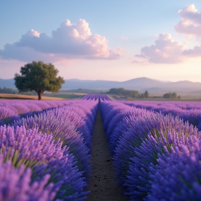 Lavender fields under a blue sky