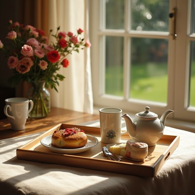 Morning tea with flowers and pastry delight