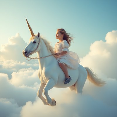 Girl riding a unicorn in clouds