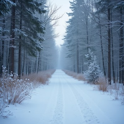 Snowy path through frosty forest