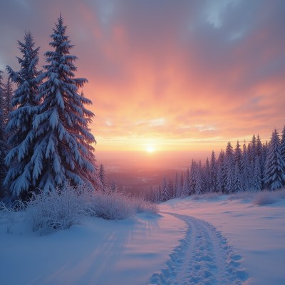 Snowy sunrise in winter landscape