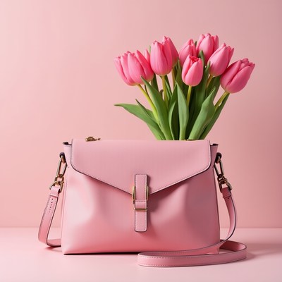 Pink bag with fresh tulips