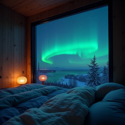 Northern lights illuminate cozy bedroom retreat