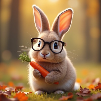Cute rabbit holding carrot in autumn