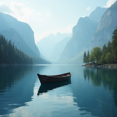 Serene boat on mountain lake