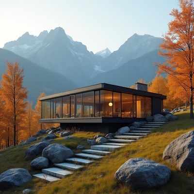 Modern cabin in scenic mountains