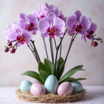 Colorful orchids with pastel eggs