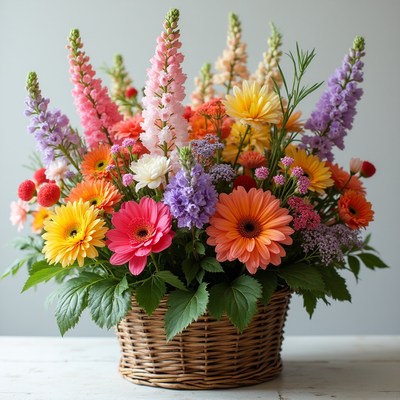 Bright flower arrangement in woven basket