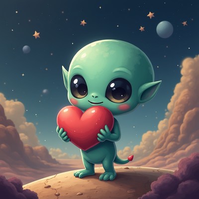 Cute alien holding a heart