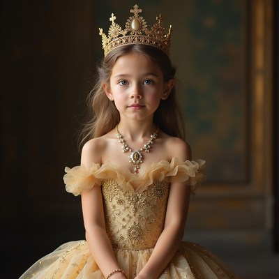 Young girl in golden princess dress