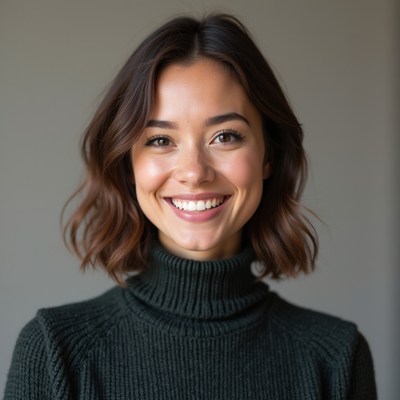 Young woman smiling warmly indoors