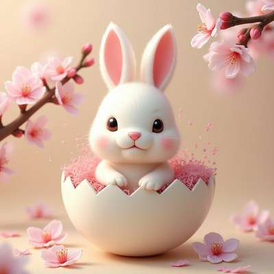 Cute bunny in spring blossoms