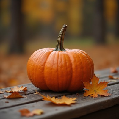 Bright pumpkin among autumn leaves