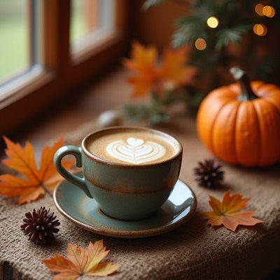 Warm coffee with autumn decoration