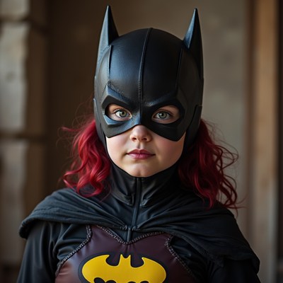 Young girl dressed as superhero batgirl