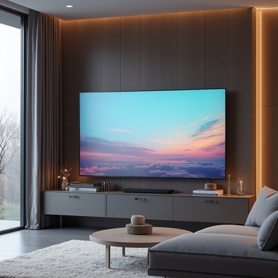 Modern living room with sunset view