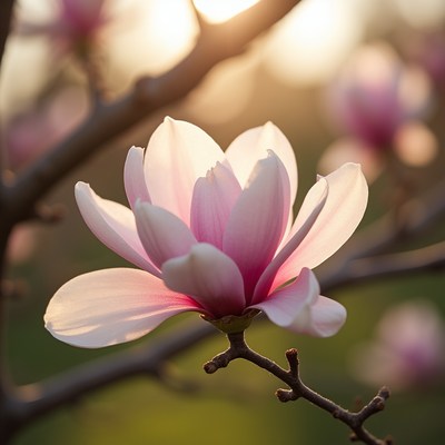 Blooming magnolia in golden sunlight