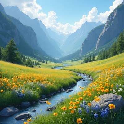 Scenic valley with flowers and stream
