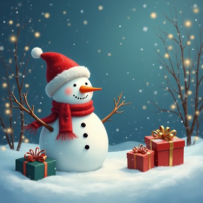 Snowman with gifts in winter scene