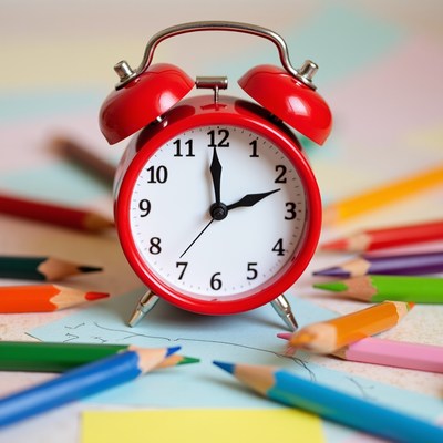 Red clock surrounded by colored pencils