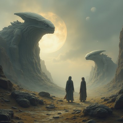 Mystical landscape with giant creatures