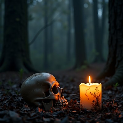 Candle and skull in dark forest
