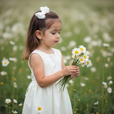 Girl picking daisies in a field