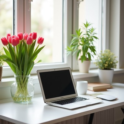 Bright workspace with flowers and laptop