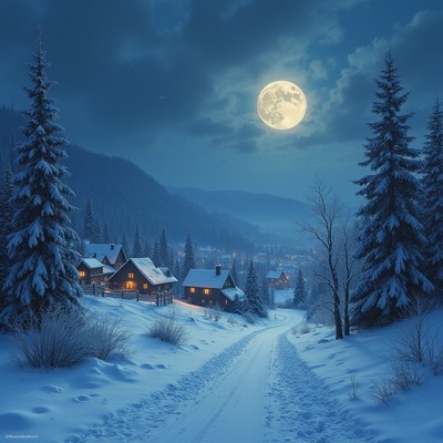 Winter night in a snowy village