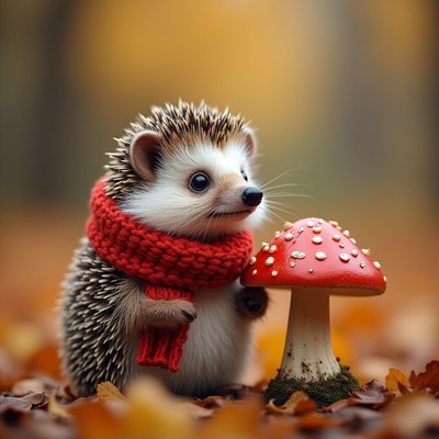 Hedgehog in a scarf by mushroom
