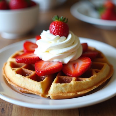 Delicious waffle topped with strawberries