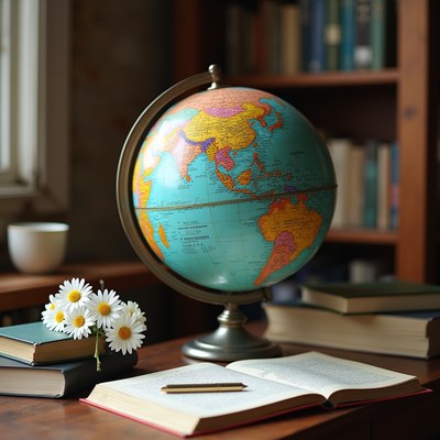 Globe and books in cozy study
