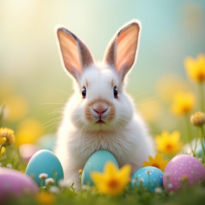 Cute bunny surrounded by colorful eggs