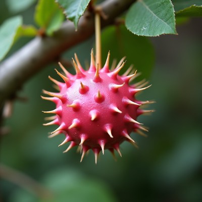 Unique spiky fruit hanging on tree