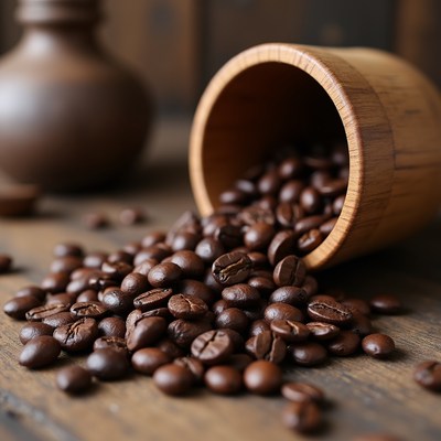 Coffee beans spilling from wooden container