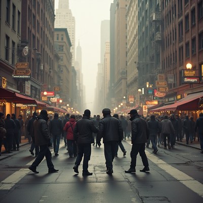 Busy city street on a foggy day