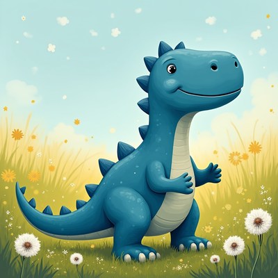 Happy blue dinosaur in a field