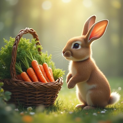 Cute rabbit with a basket of carrots