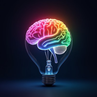Colorful brain in a light bulb