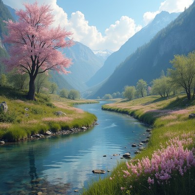 River flowing through blooming valley